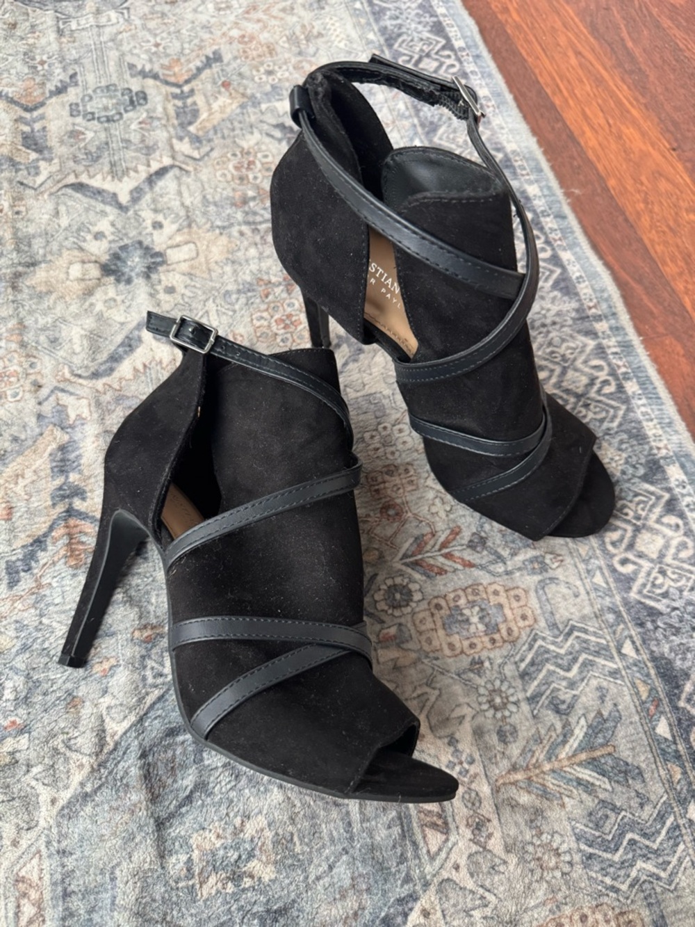 Christian Siriano Black Suede Strappy Peep-Toe Stiletto Heels